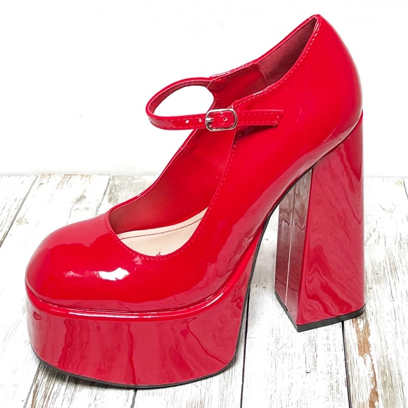 New Red Patent Mary Jane Platform Chunky Heel Pumps - Picture 2 of 5